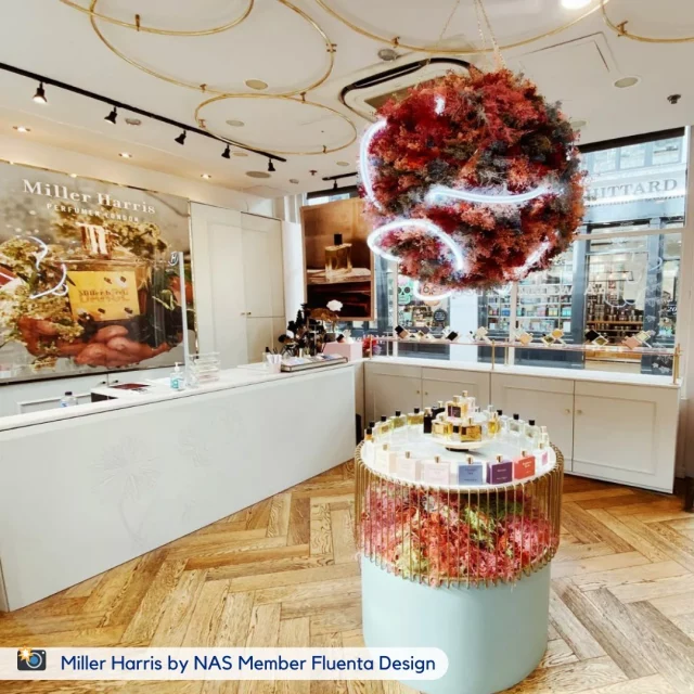 Putting a colourful take on #ThrowbackThursday this week 🌻

A stunning pop-up fitout by NAS Member Fluenta Design for @millerharris in @coventgardenldn perfectly blends bold aesthetics with functional design, creating an immersive space for luxury fragrance lovers.

🌸 Highlights include:

- Striking floral installations that frame the displays beautifully.
- Bespoke cabinetry and shelving with bold accents, offering both style and function.
- Illuminated wall designs, creating a warm and inviting ambience.
- Timber flooring adding a timeless charm.

Great work by the @fluentadesign.co.uk team.