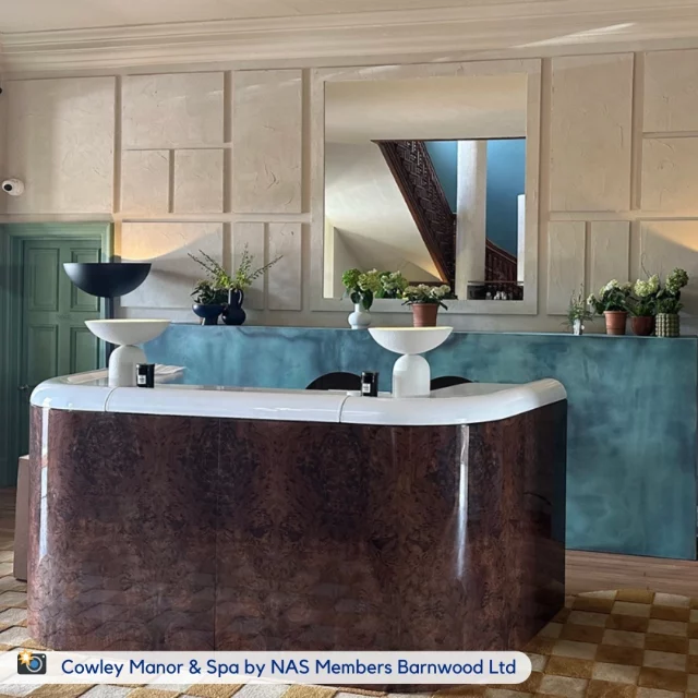 NAS Member Barnwood has completed a stunning project at the prestigious @cowleymanor & Spa in Cheltenham, reimagining their lounge bar and spa reception areas with exceptional quality.

Their in-house joinery team collaborated closely with the client’s design team to deliver a range of custom-made items, including:

- Spa reception counter fronts with elegant finishes.
- Bespoke bedroom mirror frames crafted with precision.
- A stunning lounge bar featuring high-quality materials and modern detailing.
- New locker displays designed to seamlessly integrate functionality and style.
- Decorative columns that add a touch of sophistication to the space.

The project beautifully blends contemporary design with timeless charm, showcasing the high standards of work that Barnwood is known for.